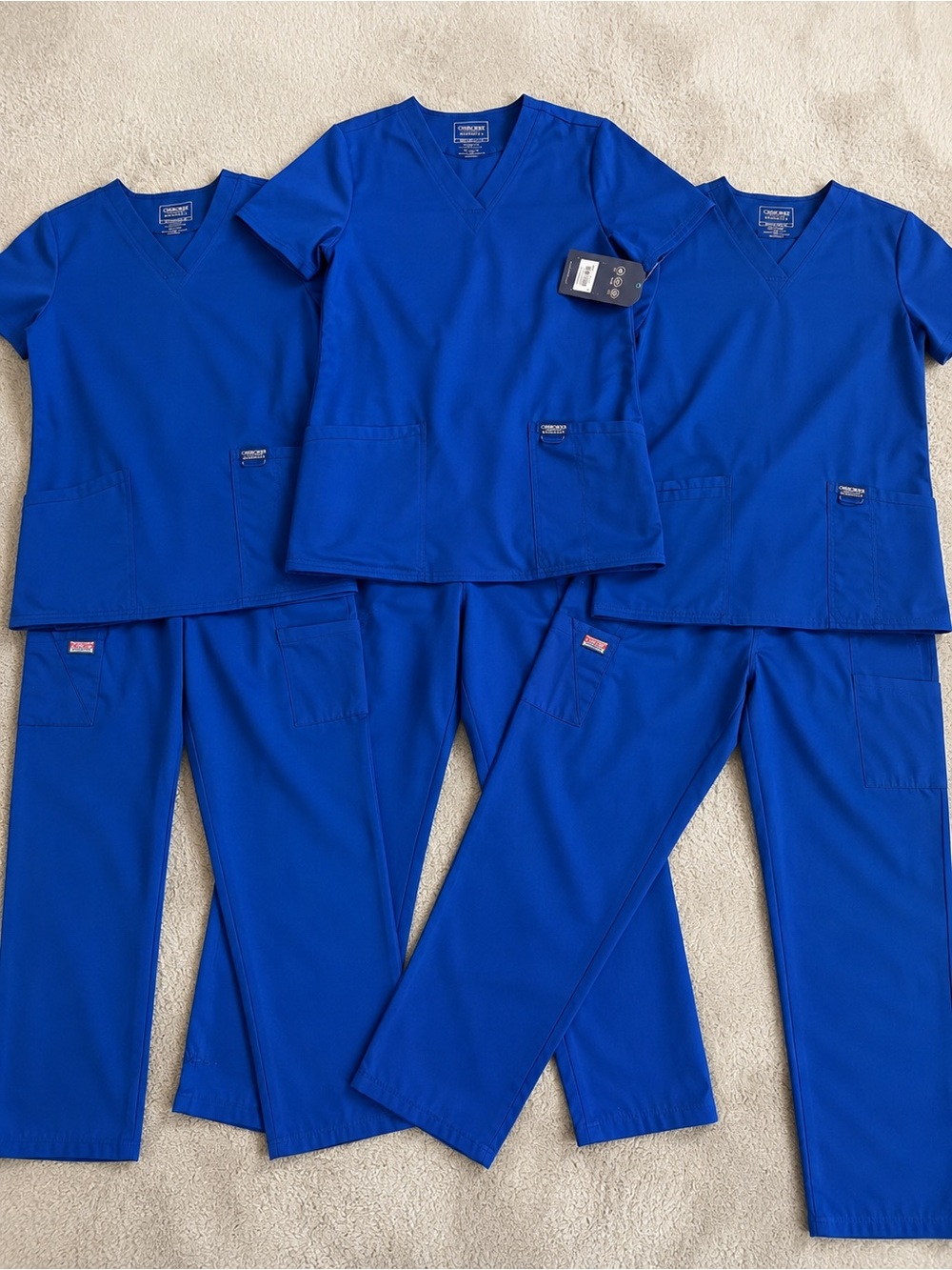 3 Pairs Royal Blue Cherokee Scrubs- V-Neck Tops & Pants